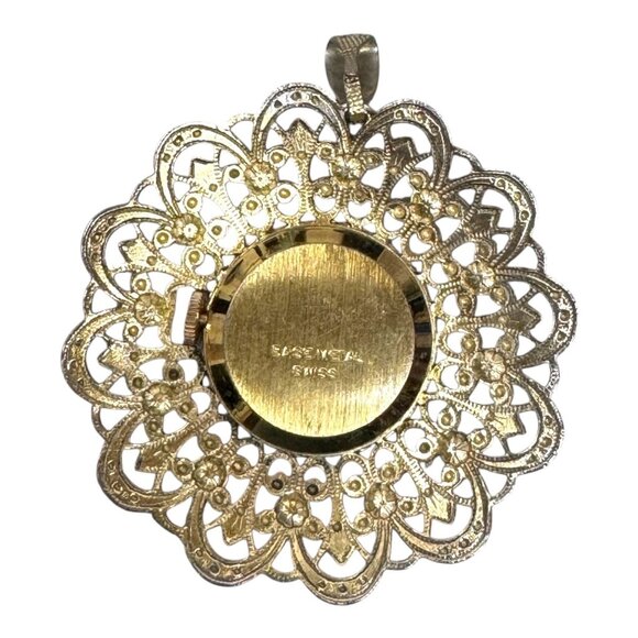 Vtg Glamour 17 Jewels Swiss Made Gold Tone Filigree Pendant Watch NEEDS BATTERY - Picture 3 of 6